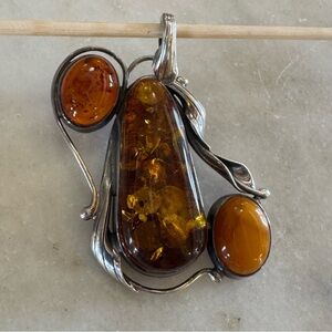 Vintage Sterling Silver Amber Pendant - large